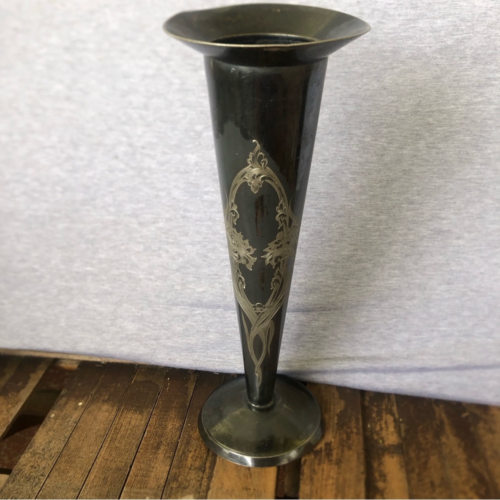 Antique Art Nouveau Etched Victor Silver Co Tall Trumpet Vase